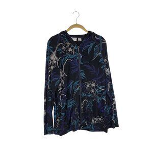 Chicos Travelers Black Floral Hoodie Full Zip Slinky Knit Hooded Top Size 2 L